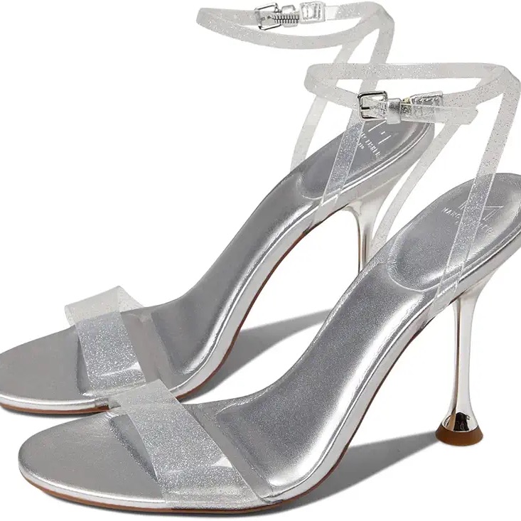 Marc Fisher Calisty Silver Glitter Metallic Heels Strappy Sandals 7m Clear
